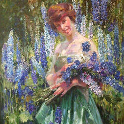 Painted portrait of a young woman in a field of blue and purple flowers. She's holding the same flowers.